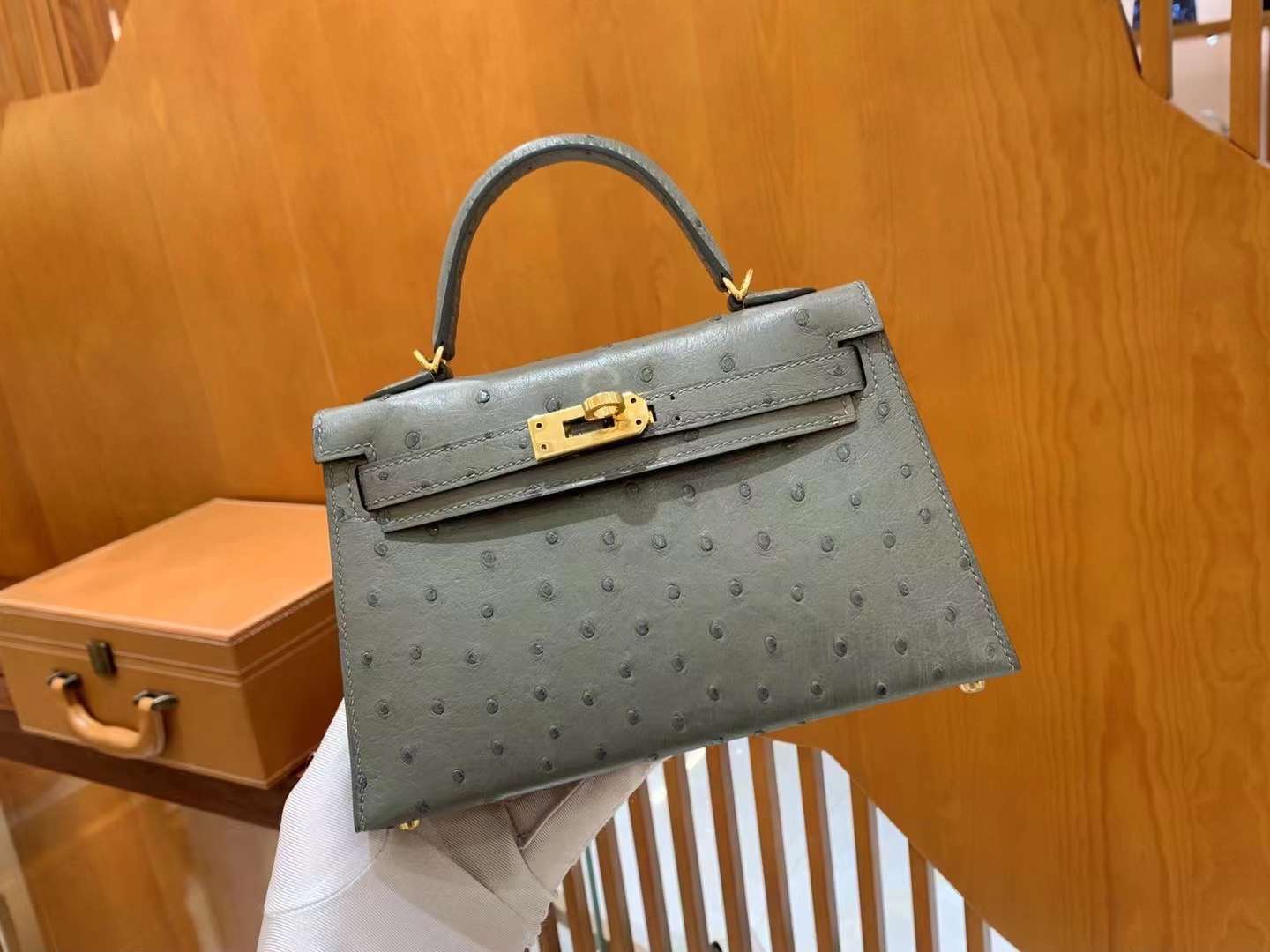 img_8430 Mini Kelly 19 Ostrich Almond Green - Image 1