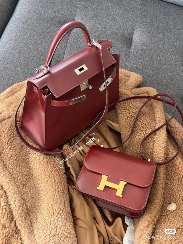 Kelly 25 & Constance 18 Box Calf in Burgundy