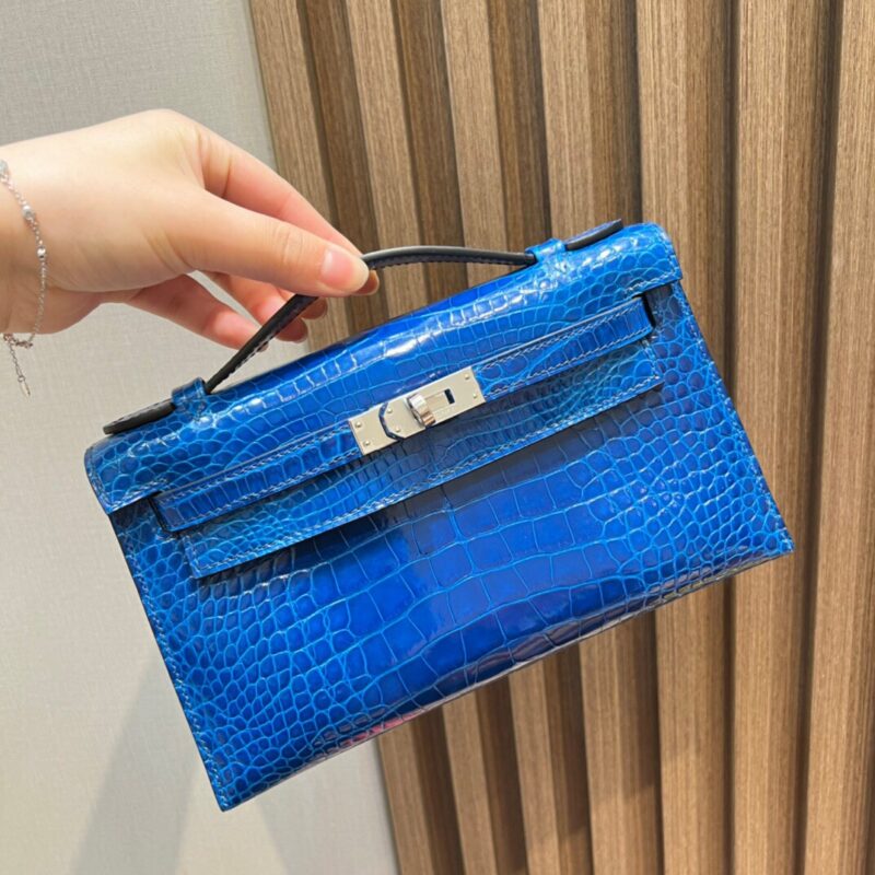 Kelly Pochette Shiny American Alligator in Bleu Saphire