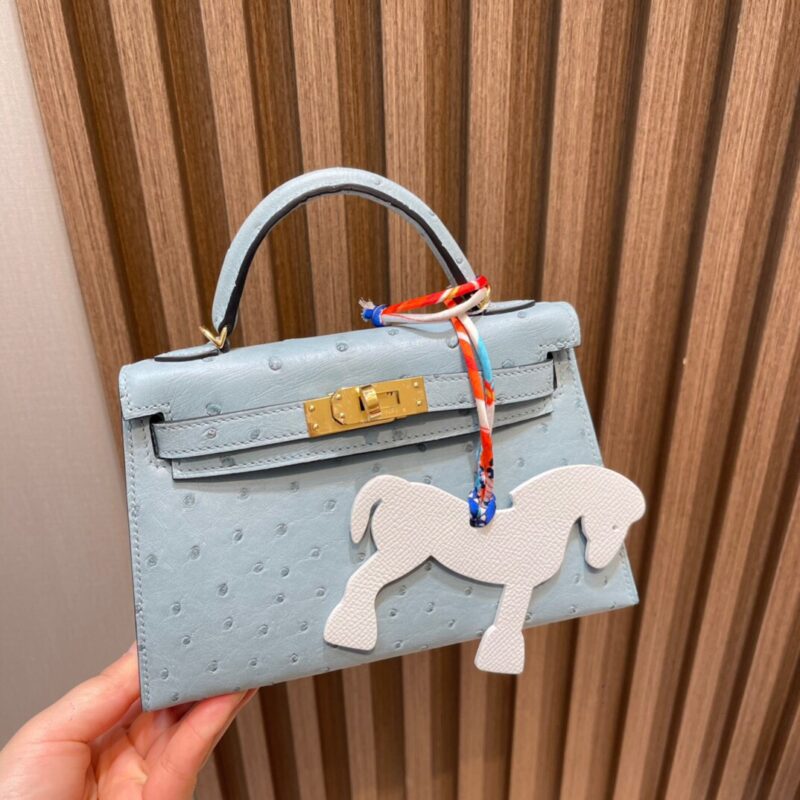 Mini Kelly Ostrich in Bleu Lin