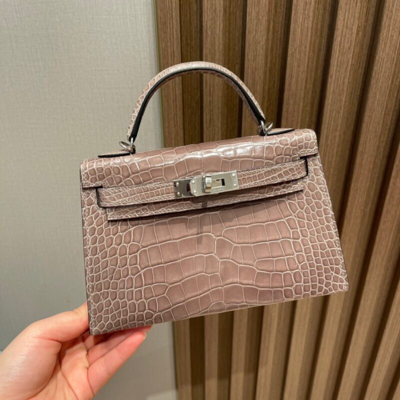 Mini Kelly American Alligator in Gris Tourterelle
