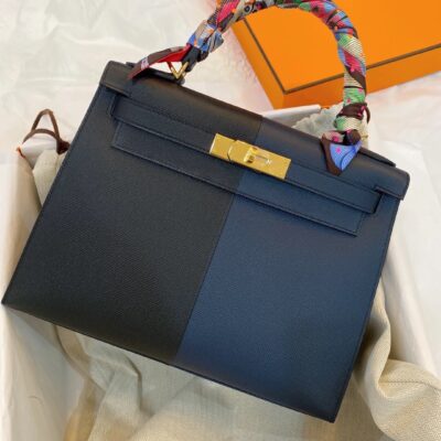 Mini Kelly Casaque Epsom in Noir&Indigo&Bleu Frida