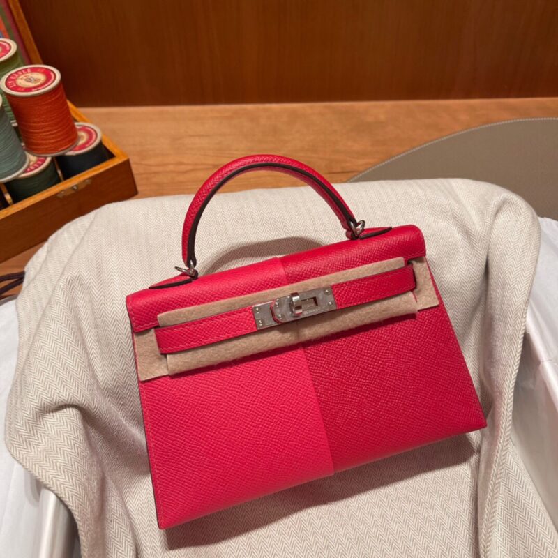 Mini Kelly Casaque Epsom in Rouge de Coeur&Rose Extreme&Bleu Zanzibar