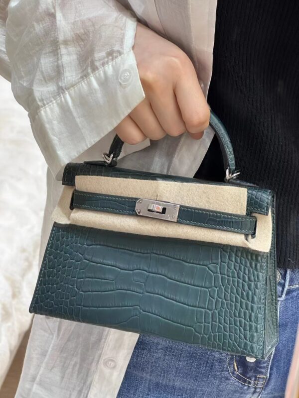 Mini Kelly in Vert Bosphore Crocodile