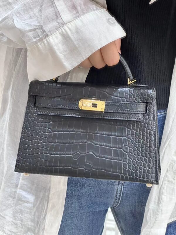 Mini Kelly in Matte Black Crocodile