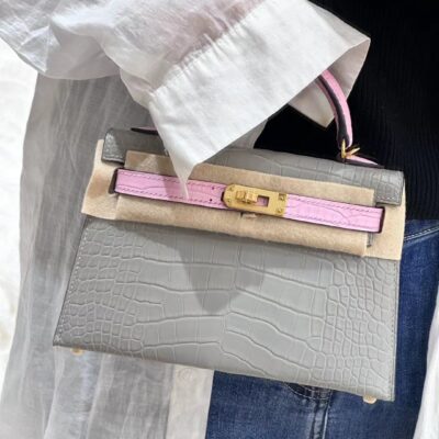 Mini Kelly in Matte Grey&Rose Sakura Crocodile