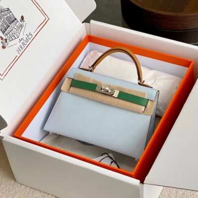 Mini Kelly Epsom Bleu Glacier&Bambou&Gold