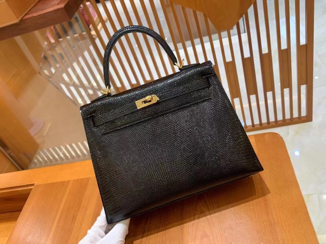 Kelly 25 Lizard Noir Gold Hardware