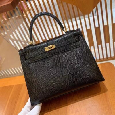 Kelly 25 Lizard Noir Gold Hardware