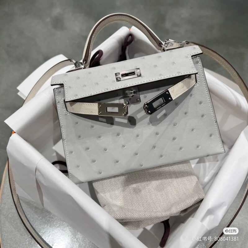 Mini Kelly Ostrich in Gris Perle&Nata