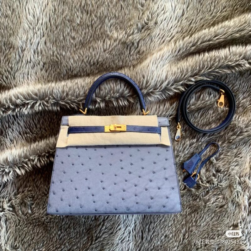 Kelly 25 Ostrich in Bleu