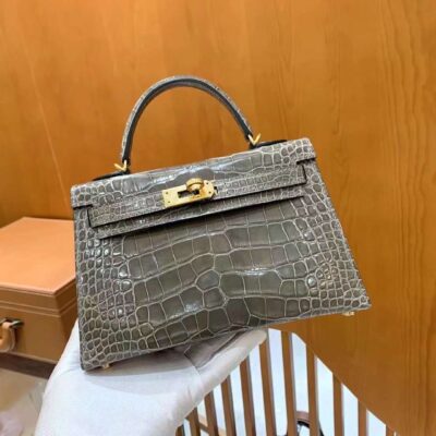 Mini Kelly 19 American Crocodile in Etoupe