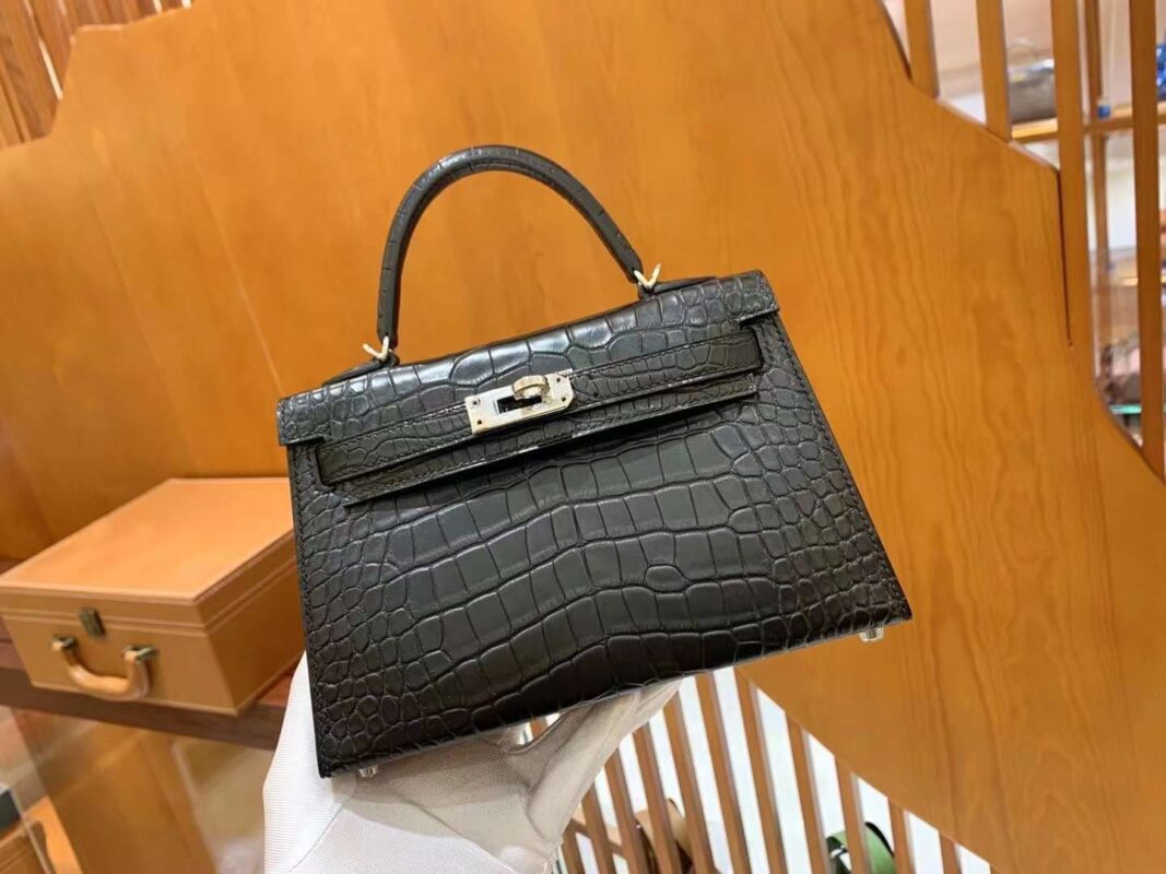Mini Kelly 19 American Crocodile in Noir