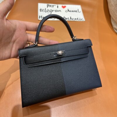 Mini Kelly Casaque in Noir&Bleu Nuit Epsom