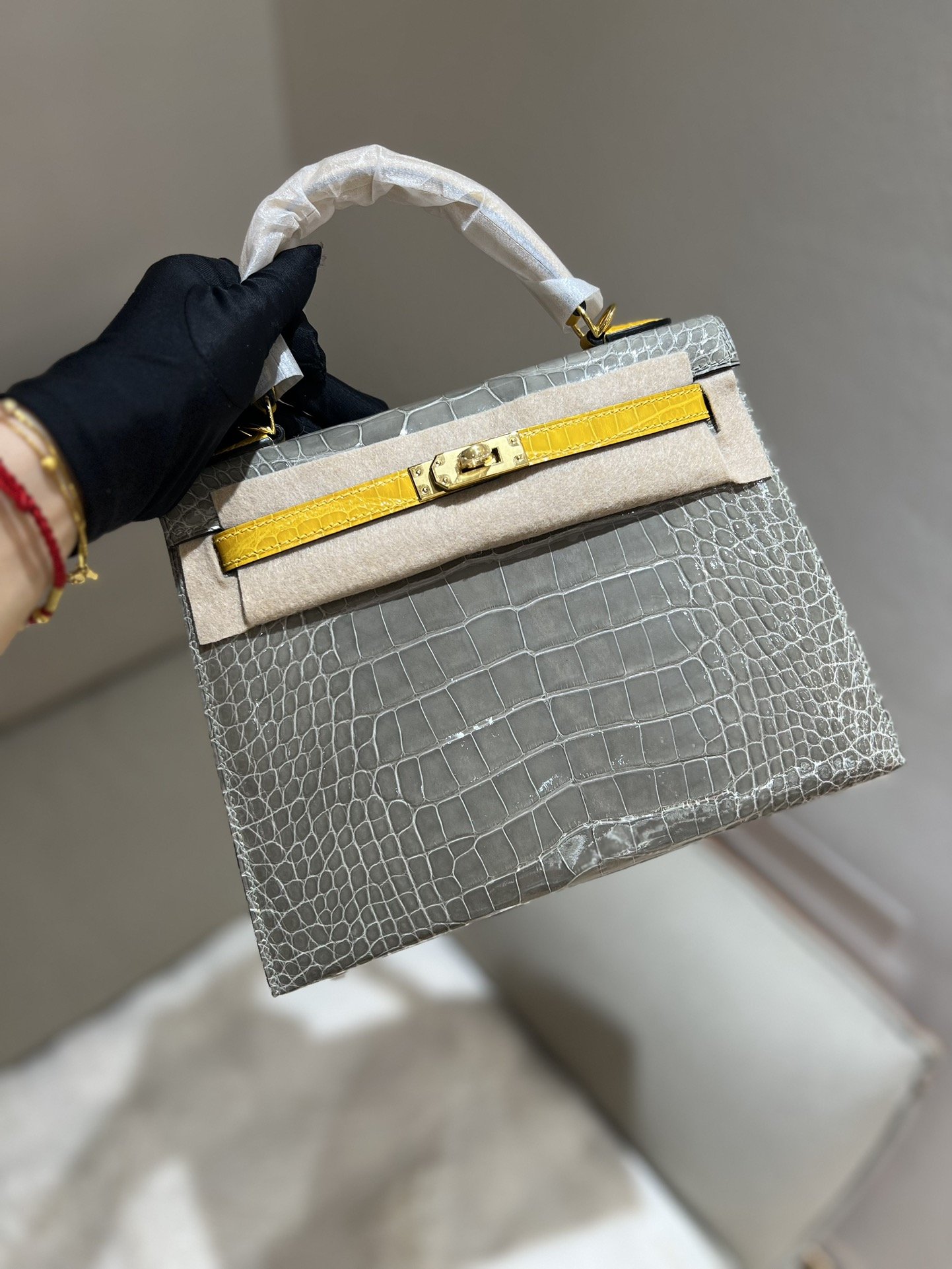 1000016644.jpg Kelly 25 in Gris Tourterelle & Jaune Ambre Shiny Alligator PHW - Image 1