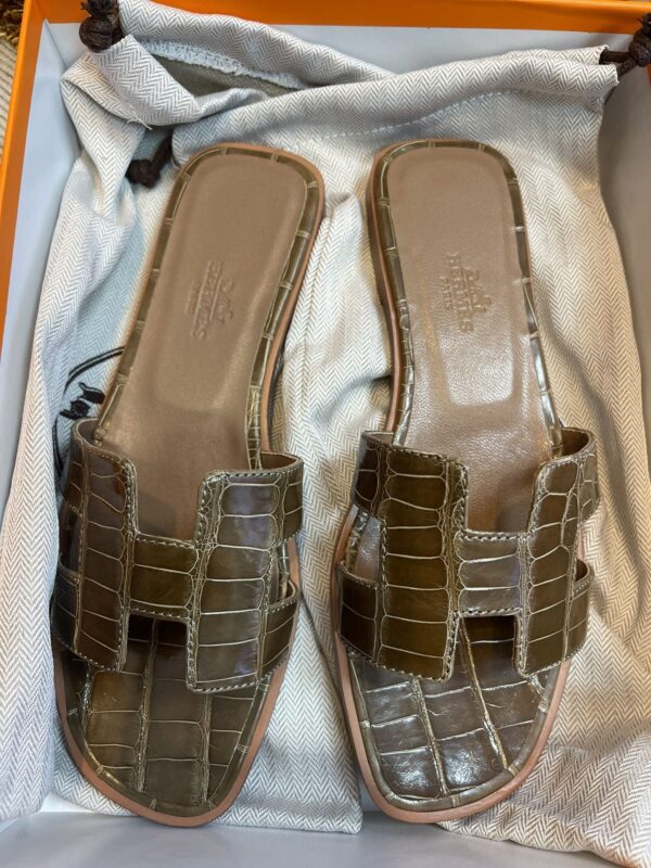 Hermes Oran Sandals in Brown Crocodile