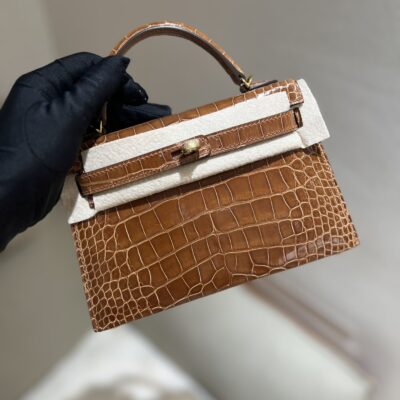Mini Kelly in Golden Brown Shiny Alligator