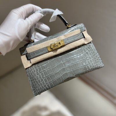 Mini Kelly in Gris Tourterelle Shiny Alligator GHW