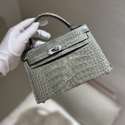 Mini Kelly in Gris Touterelle Shiny Alligator PHW