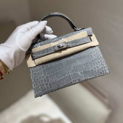 Mini Kelly in Bleu Glacier Shiny Alligator PHW