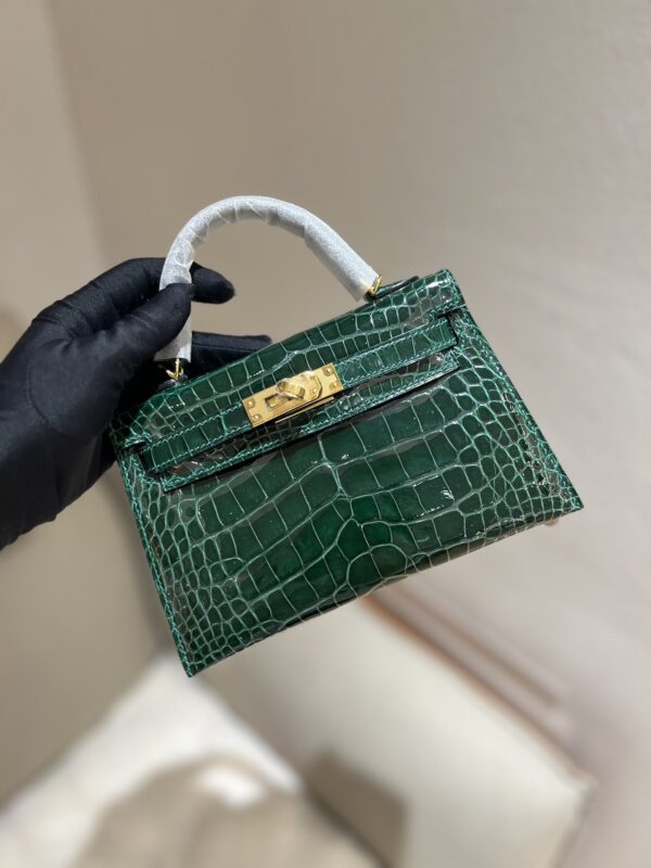 Mini Kelly in Vert Fonce Shiny Alligator