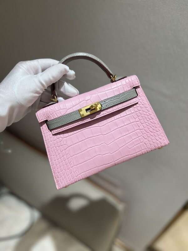 Mini Kelly in Pink & Gris Perle Matte Alligator