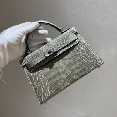 Mini Kelly in Gris Tourterelle Shiny Alligator