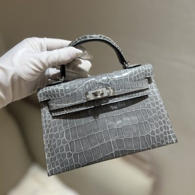 Mini Kelly Shinny Alligator Blue Glacier