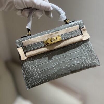 Mini Kelly Shiny Alligator Gris Tourterelle