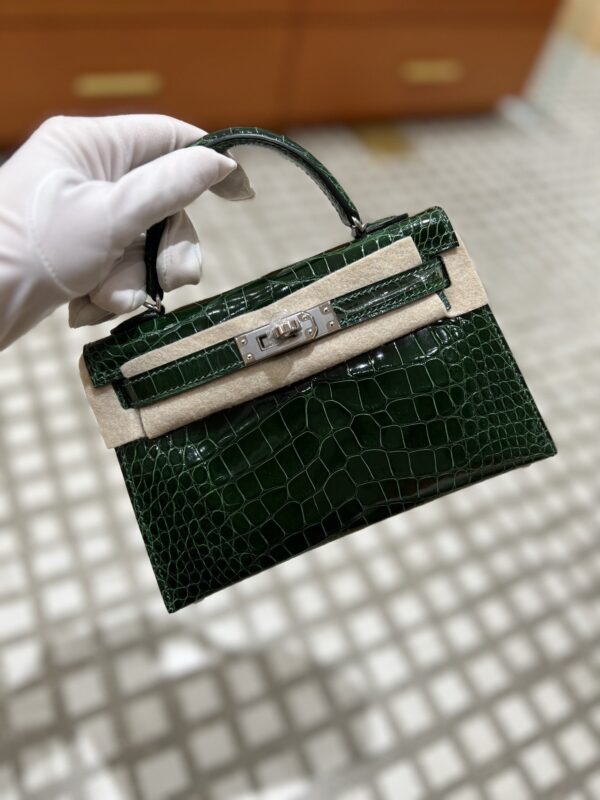 Mini Kelly Shiny Alligator Vert Fonce