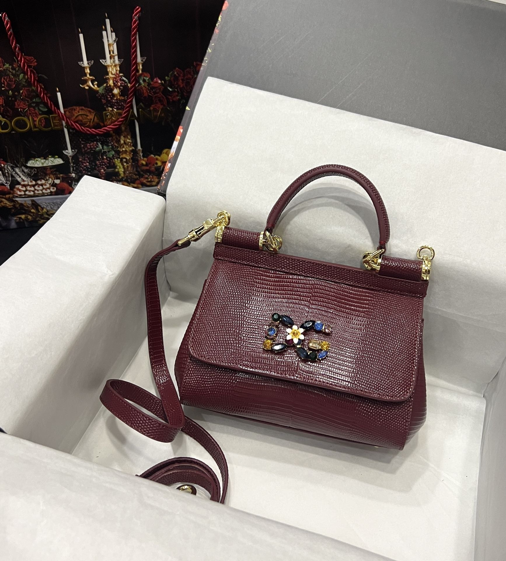 Dolce & Gabbana 25 DG Logo Sicily Bag in Lizard Pattern Cowhide