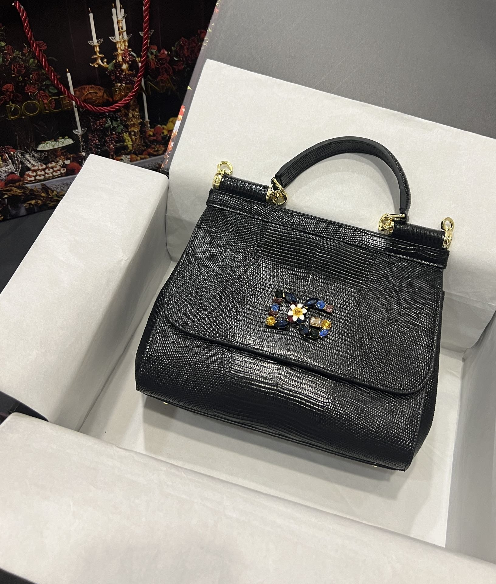 Dolce & Gabbana 25 DG Logo Sicily Bag in Lizard Pattern Cowhide