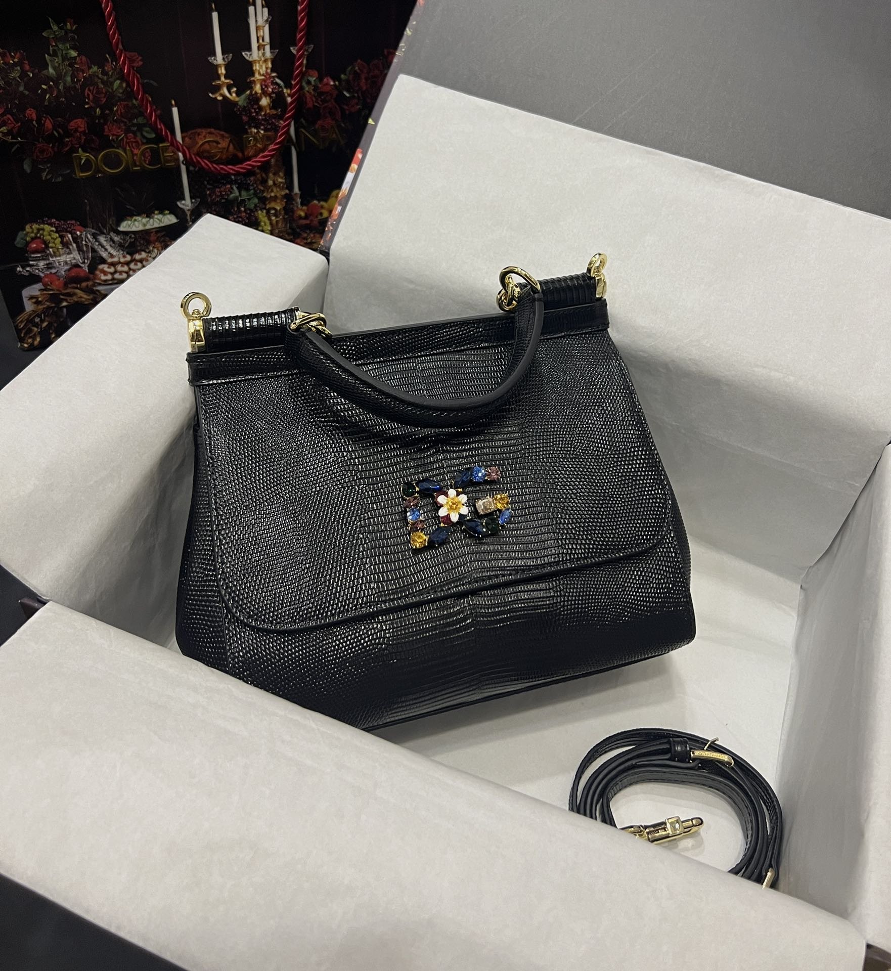 Dolce & Gabbana 25 DG Logo Sicily Bag in Lizard Pattern Cowhide - Image 9