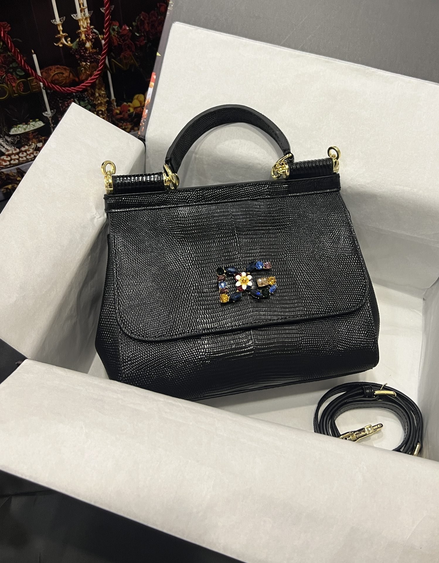 Dolce & Gabbana 25 DG Logo Sicily Bag in Lizard Pattern Cowhide - Image 2