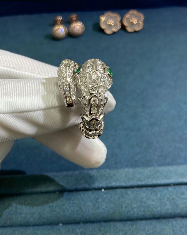 Emerald Snake Ring, White Gold