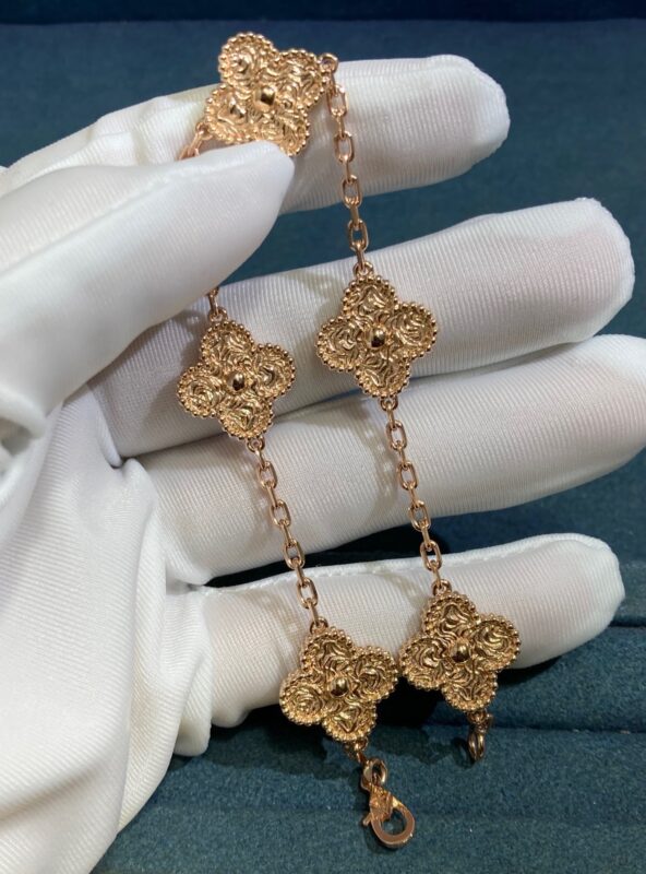 Van Cleef&Arpel Five-Flower Stamping Four-Leaf Clover Bracelet, Rose Gold