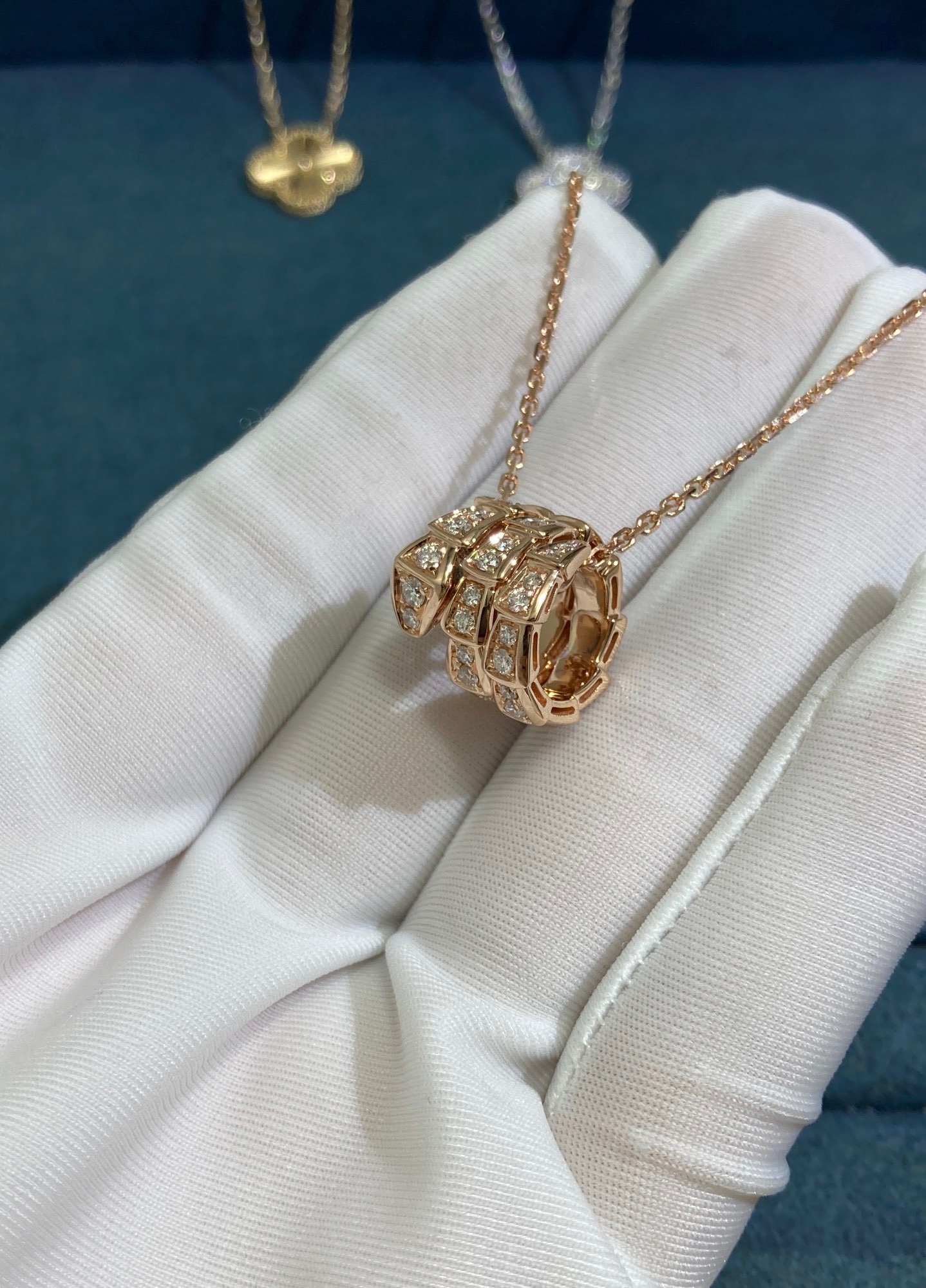 img_1040 Bvlgari Triple Hoop Diamond Snake Necklace, Rose Gold - Image 1