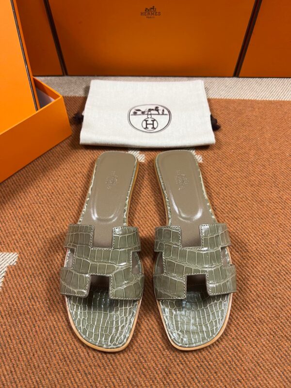 Hermes Oran Sandals in Olive Green Crocodile Leather
