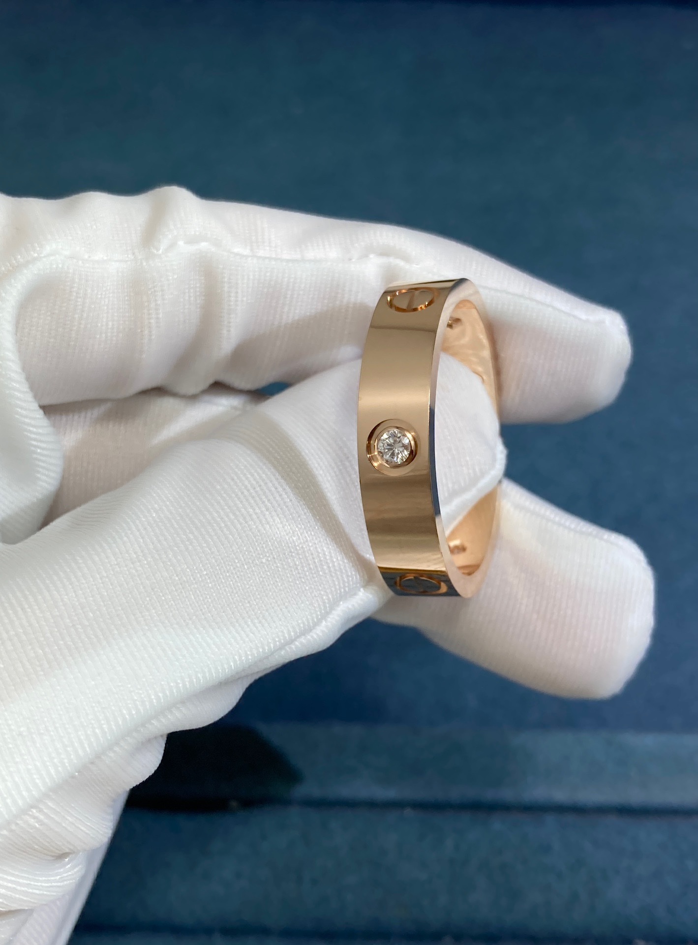 img_2401 Cartier Wide Three Diamond Screw Love Ring, Rose Gold - Image 1