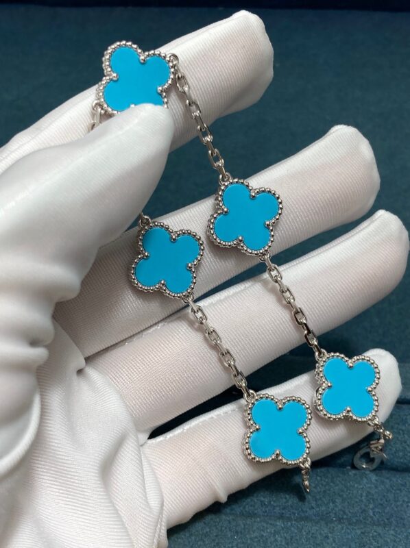 Van Cleef&Arpel Alhambra Five-Flower Turquoise Clover Bracelet, White Gold
