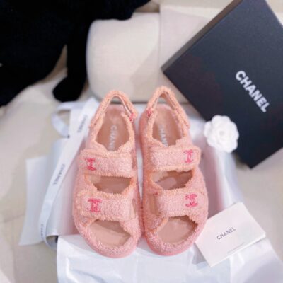 Chanel New Double C Velcro Laminated Sheepskin Flat Beach Slippers