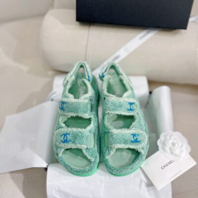 Chanel New Double C Velcro Laminated Sheepskin Flat Beach Slippers