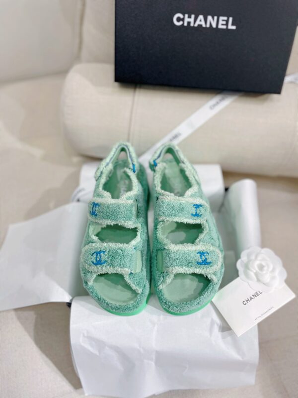 Chanel New Double C Velcro Laminated Sheepskin Flat Beach Slippers