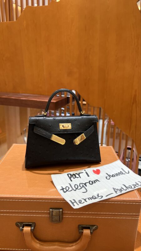 Mini Kelly in Noir Ostrich GHW