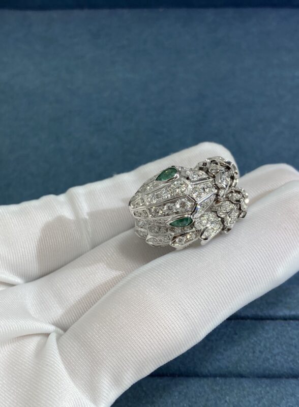 Emerald and Diamond Snake Ring, White Gold