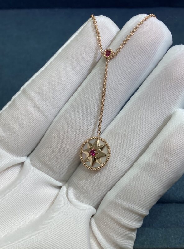 White Shell Ruby Compass Necklace, Rose Gold