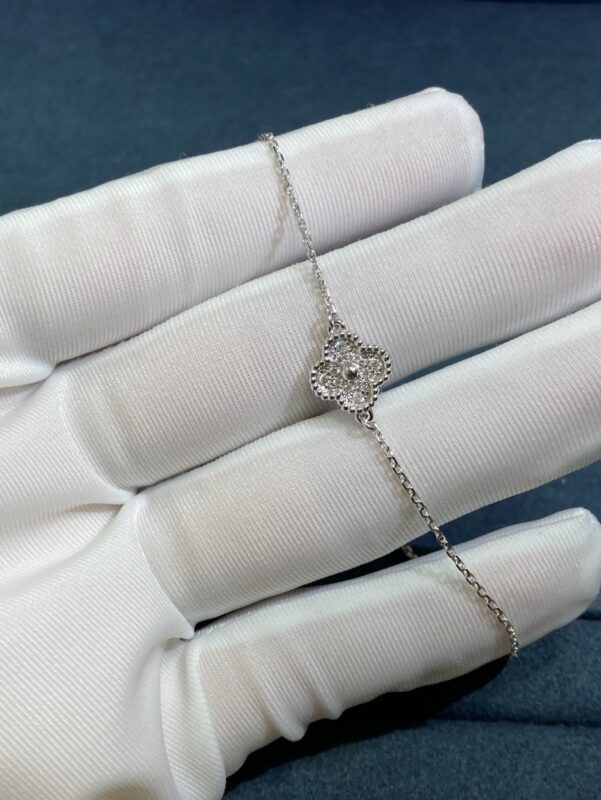 Small Four-Leaf Clover Bracelet with Diamonds, White Gold