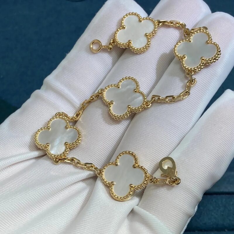 Van Cleef&Arpel Five-Flower Shell Clover Bracelet, Yellow Gold