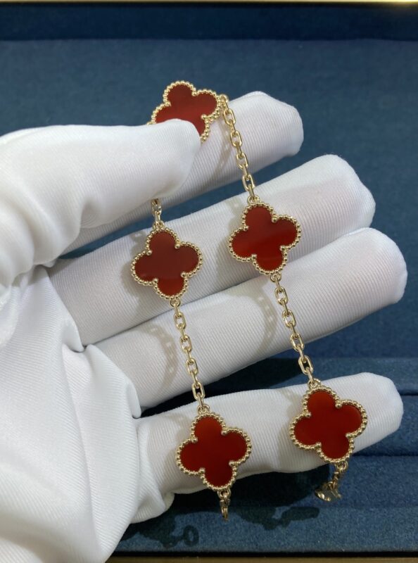 Five-Floral Carnelian Four-Leaf Clover Bracelet, Yellow Gold
