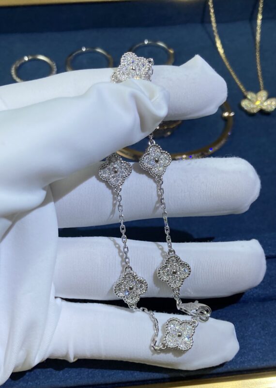 Small Diamond Six-Floral Clover Bracelet, White Gold